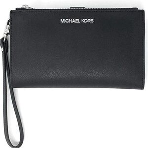 Michael Kors Black Leather Jet Set Double Zip Wallet Wristlet Silver-Tone Accent